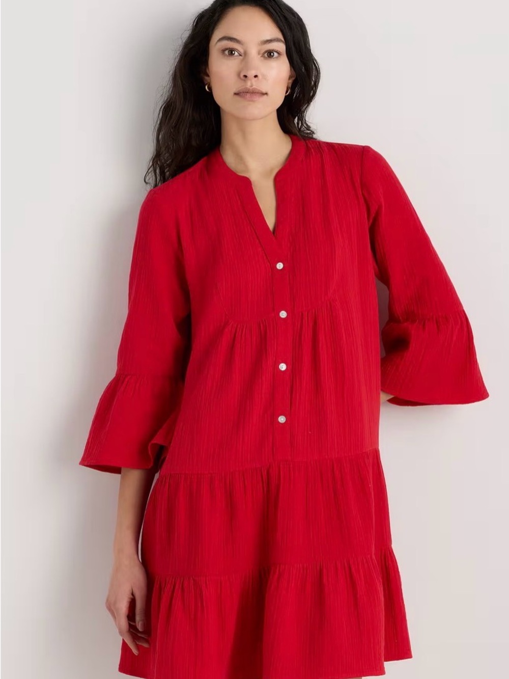 Quince Red Tiered Button-Front Mini Dress organic cotton size XL minimalist